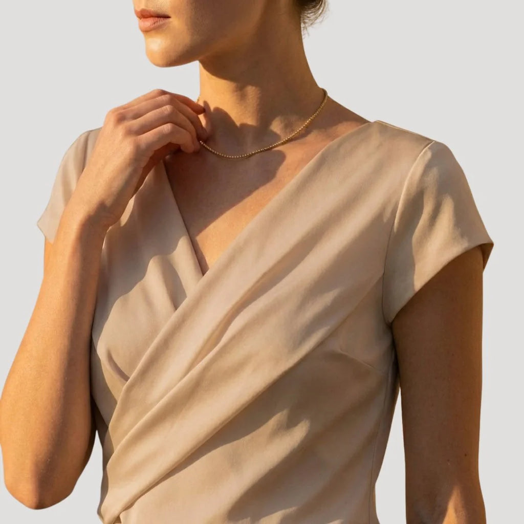 Khaki Women's Draped Wrap Front Blouse with Cap Sleeves & Relaxed Fit — Petra - Close Up Neckline