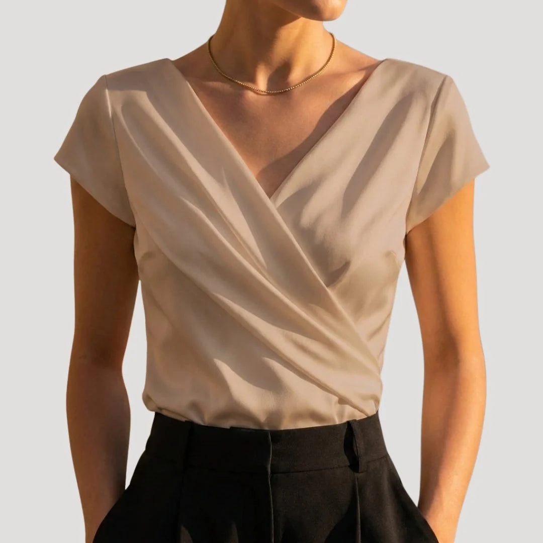 Khaki Women's Draped Wrap Front Blouse with Cap Sleeves & Relaxed Fit — Petra