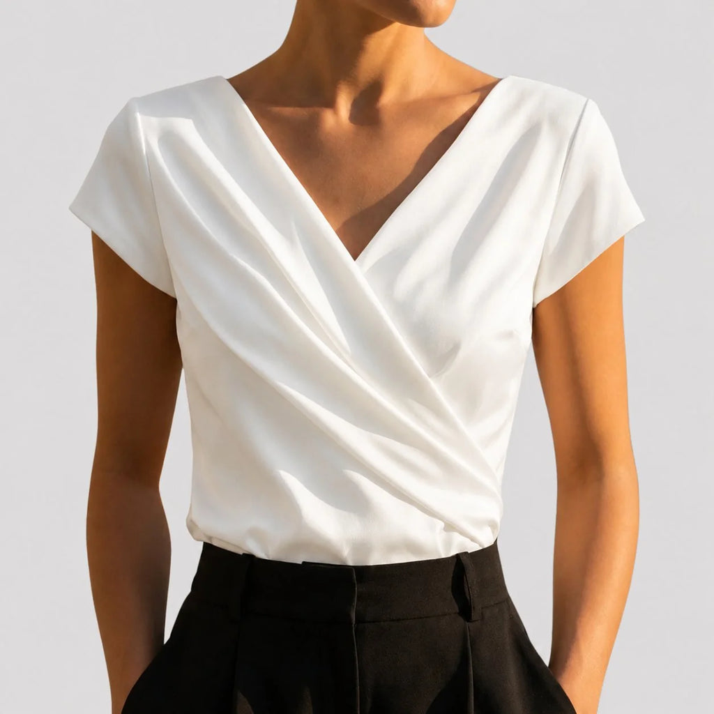 White Women's Draped Wrap Front Blouse with Cap Sleeves & Relaxed Fit — Petra