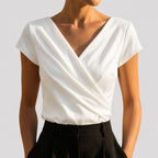 White Women's Draped Wrap Front Blouse with Cap Sleeves & Relaxed Fit — Petra