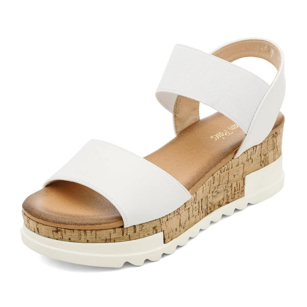 White Women's Elastic Strap Platform Sandals — Lana Cork Wedge Comfort - Front Angled