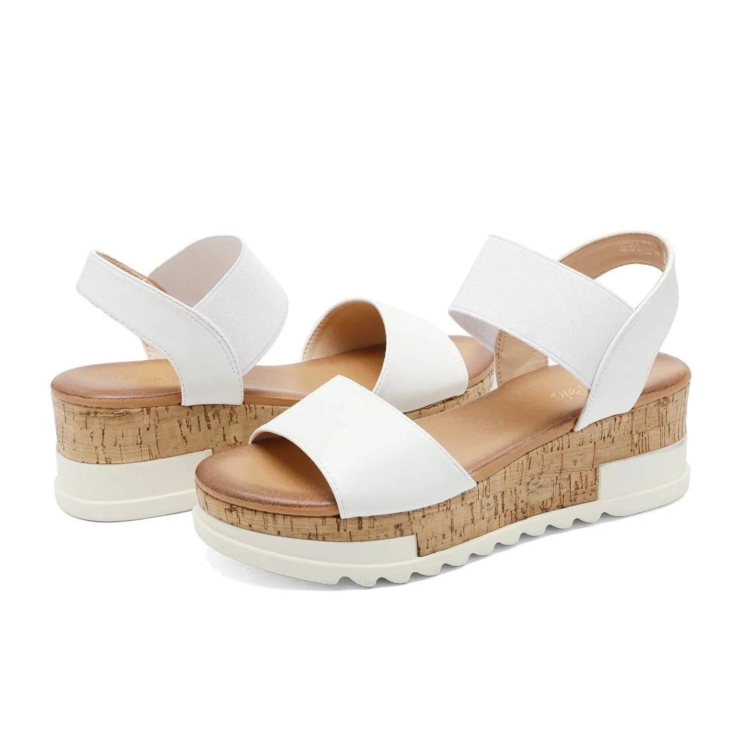 White Women's Elastic Strap Platform Sandals — Lana Cork Wedge Comfort - Front Pair