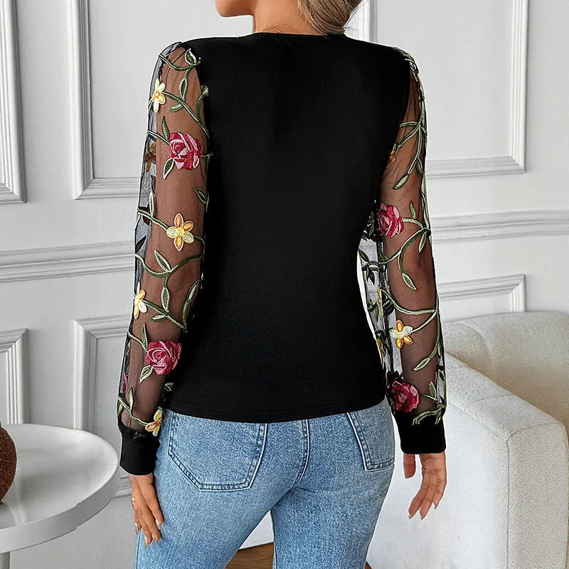 Black Women's Floral Embroidered Lace Blouse with Sheer Mesh Sleeves - Back Detail