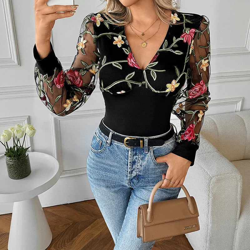 Black Women's Floral Embroidered Lace Blouse with Sheer Mesh Sleeves - Front Bag Pose