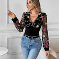 Women's Floral Embroidered Lace Blouse with Sheer Sleeves & V-Neck — Maeve