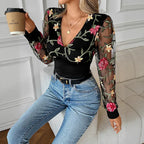 Black Women's Floral Embroidered Lace Blouse with Sheer Mesh Sleeves - Lifestyle Coffee
