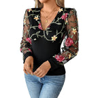 Black Women's Floral Embroidered Lace Blouse with Sheer Mesh Sleeves - Studio Close Up