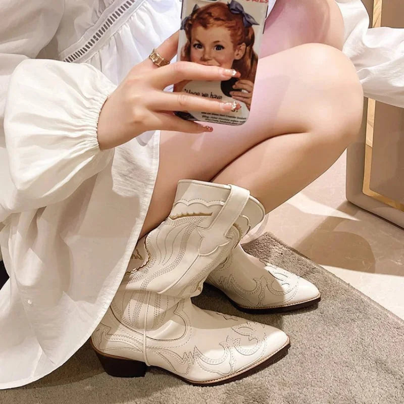 Cream Women's Embroidered Western Cowboy Boots — Una Cushioned Pointed-Toe Mid-Calf - Close Up Lifestyle