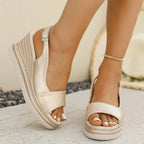 Beige Women's Espadrille Platform Sandals With Ankle Strap — Brooke Woven Sole Adjustable - Side Pose