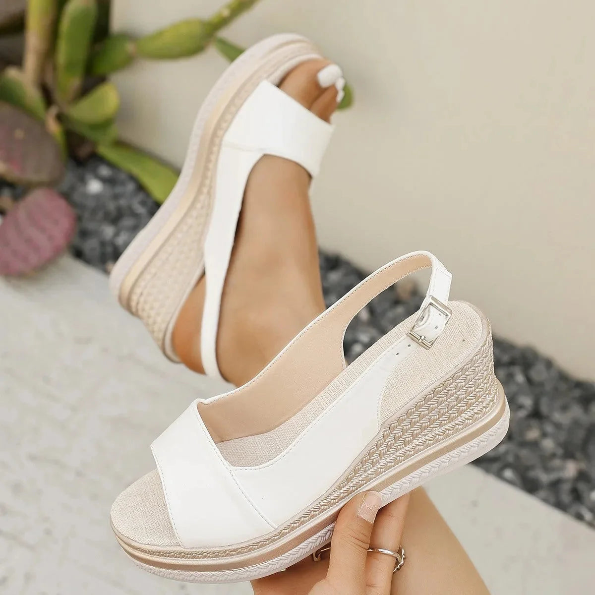 White Women's Espadrille Platform Sandals With Ankle Strap — Brooke Woven Sole Adjustable - Front Full