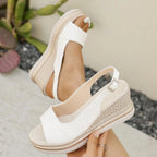 White Women's Espadrille Platform Sandals With Ankle Strap — Brooke Woven Sole Adjustable - Front Full