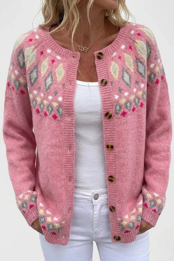 Pink Women's Pink Fair Isle Comfortable Cardigan — Millie Everyday Button-Front Knit - Front Full