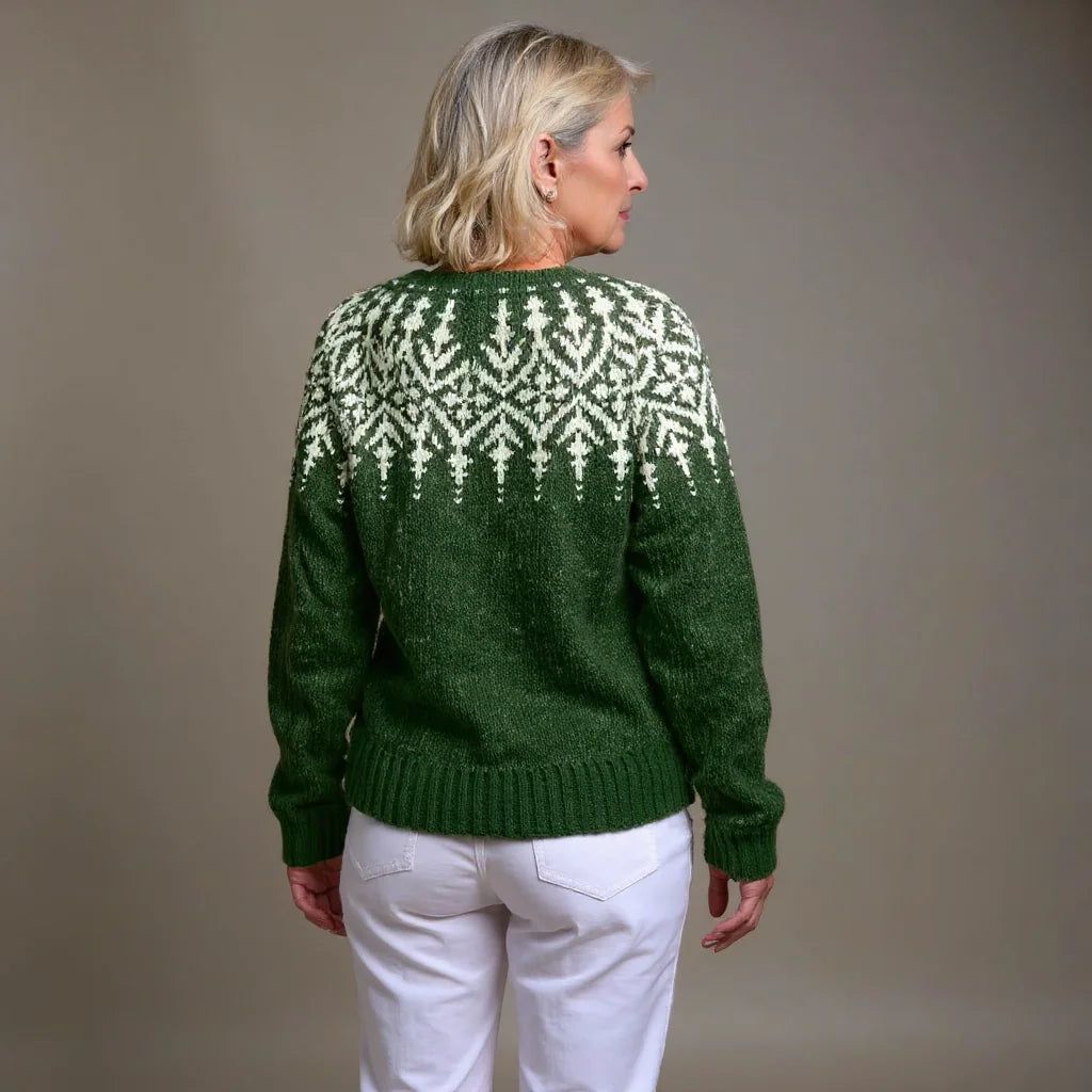 Green Women's Fair-Isle Knit Cardigan — Ellie Cozy Button-Front Nordic - Back Detail