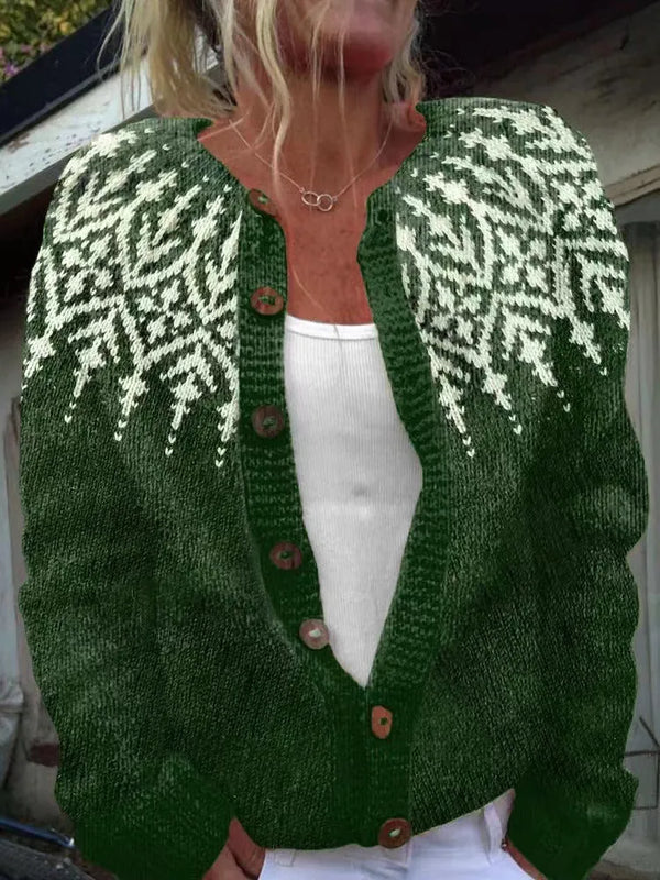 Green Women's Fair-Isle Knit Cardigan — Ellie Cozy Button-Front Nordic - Close Up Front