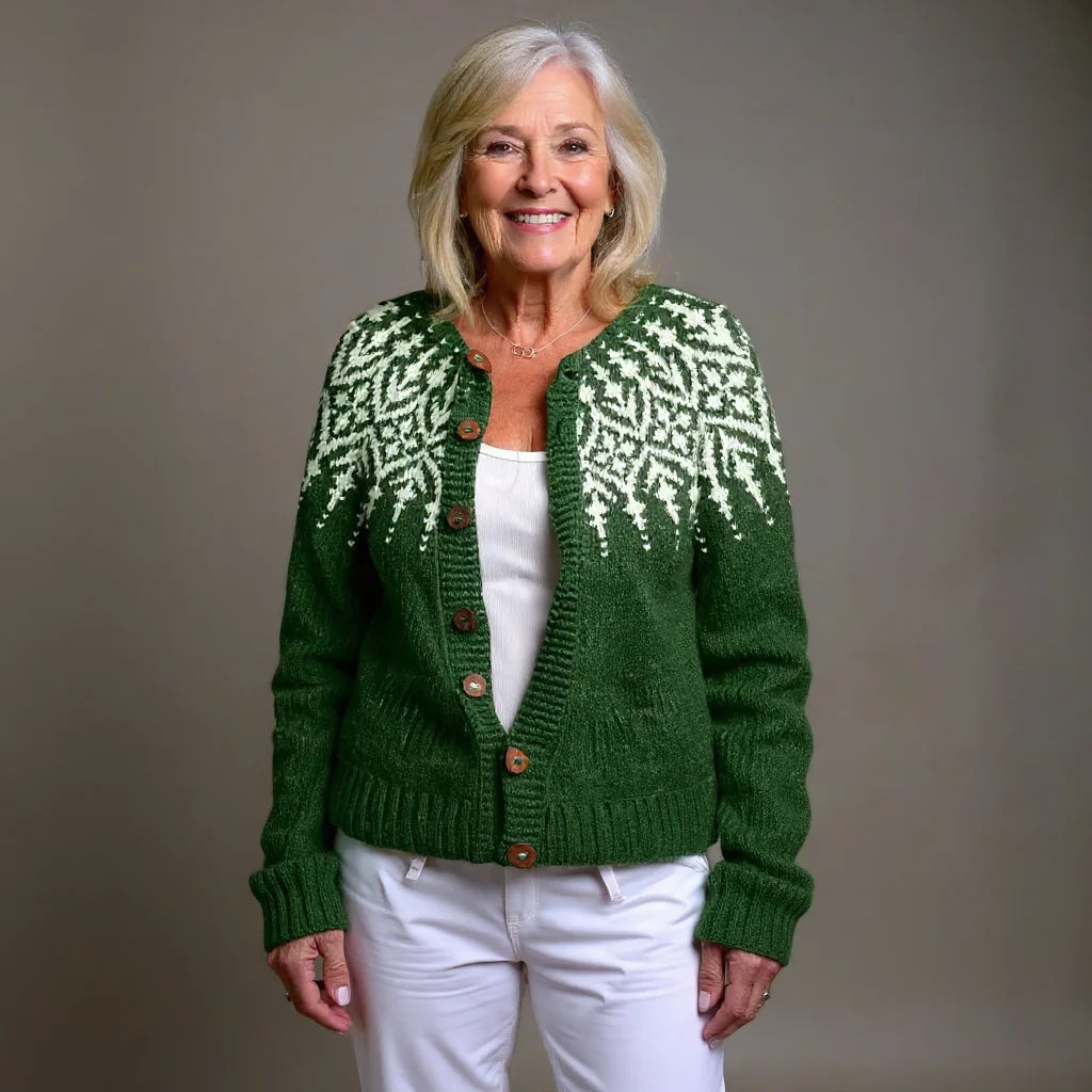 Green Women's Fair-Isle Knit Cardigan — Ellie Cozy Button-Front Nordic - Front Full