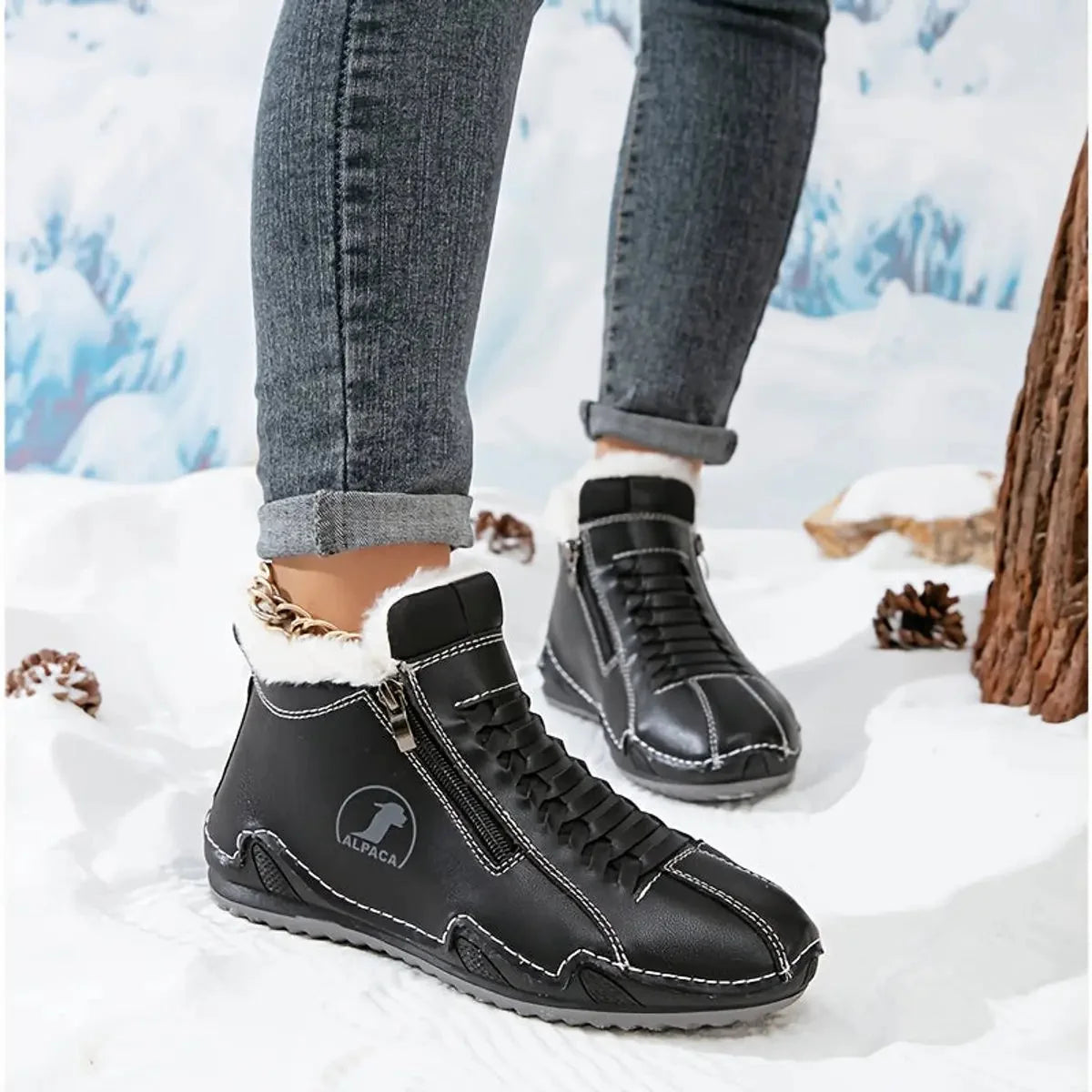 Blue Women's Faux Fur Lined Winter Ankle Boots with Zip-Up Closure — Rosalia - Back Heel View