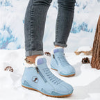 Blue Women's Faux Fur Lined Winter Ankle Boots with Zip-Up Closure — Rosalia - Front Full Model