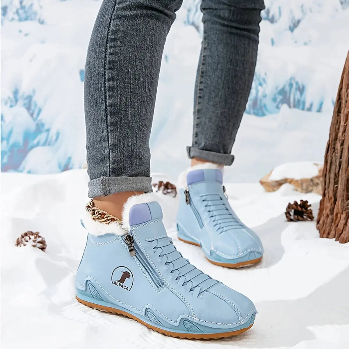 Blue Women's Faux Fur Lined Winter Ankle Boots with Zip-Up Closure — Rosalia - Front Full Model