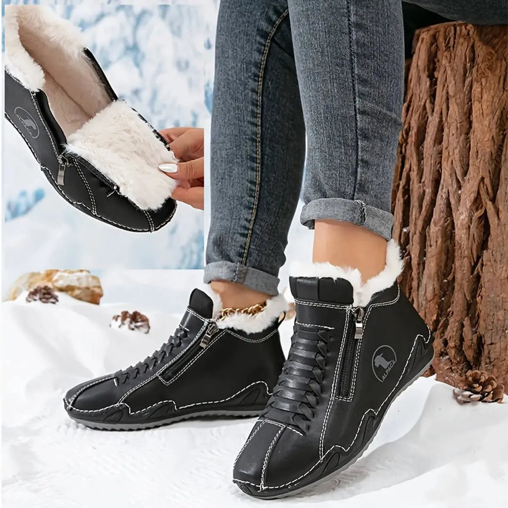Blue Women's Faux Fur Lined Winter Ankle Boots with Zip-Up Closure — Rosalia - Fur Lining Open Detail
