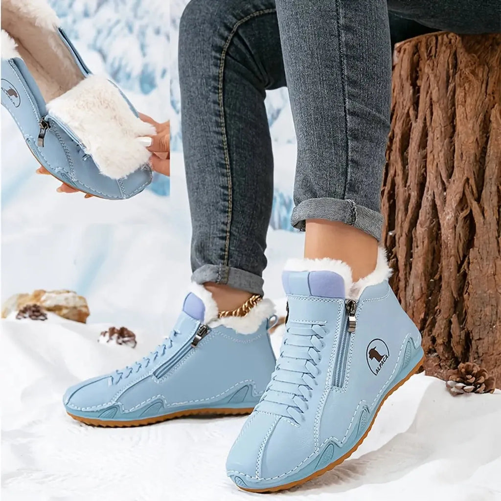 Blue Women's Faux Fur Lined Winter Ankle Boots with Zip-Up Closure