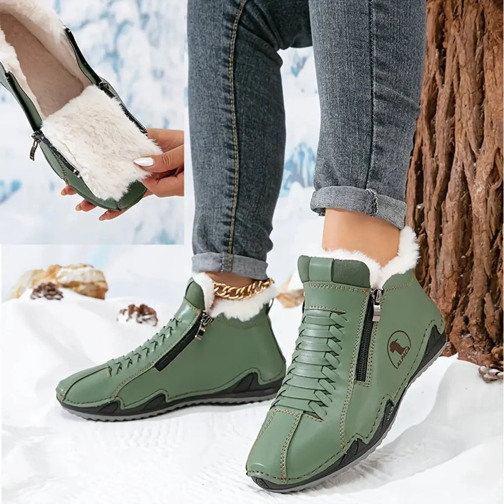 Green Women's Faux Fur Lined Winter Ankle Boots with Zip-Up Closure — Rosalia