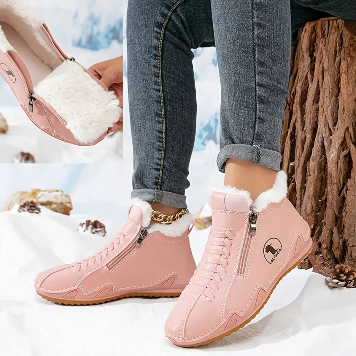 Pink Women's Faux Fur Lined Winter Ankle Boots with Zip-Up Closure — Rosalia - Close Up Fur Collar