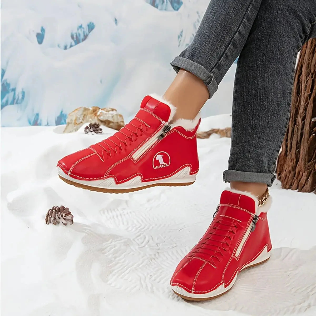 Pink Women's Faux Fur Lined Winter Ankle Boots with Zip-Up Closure — Rosalia - Outdoor Pose Snow