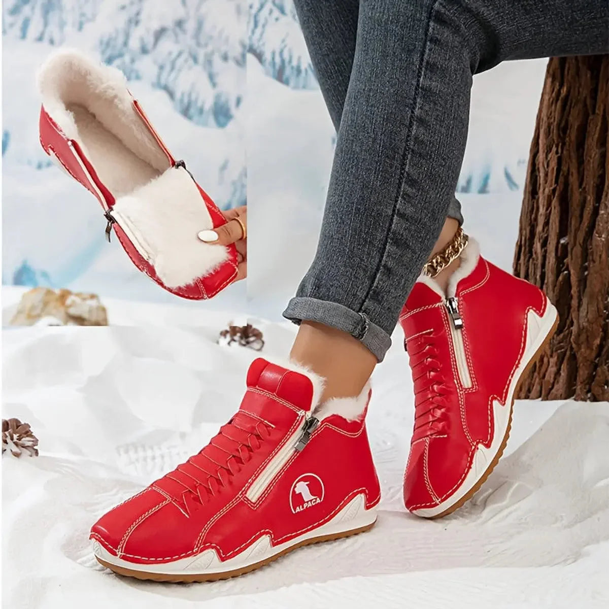 Pink Women's Faux Fur Lined Winter Ankle Boots with Zip-Up Closure — Rosalia - Seated Pose Detail