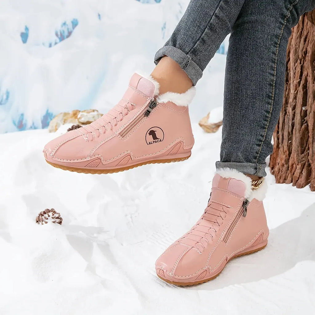 Pink Women's Faux Fur Lined Winter Ankle Boots with Zip-Up Closure — Rosalia