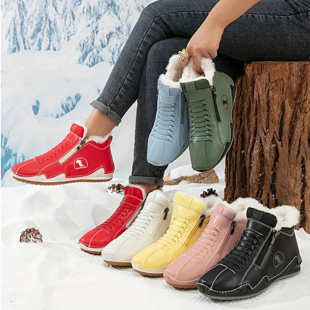 White Women's Faux Fur Lined Winter Ankle Boots with Zip-Up Closure — Rosalia - Group Color Lineup