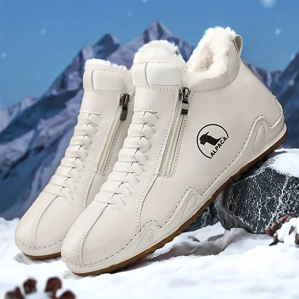 White Women's Faux Fur Lined Winter Ankle Boots with Zip-Up Closure — Rosalia - Studio Mountain Backdrop