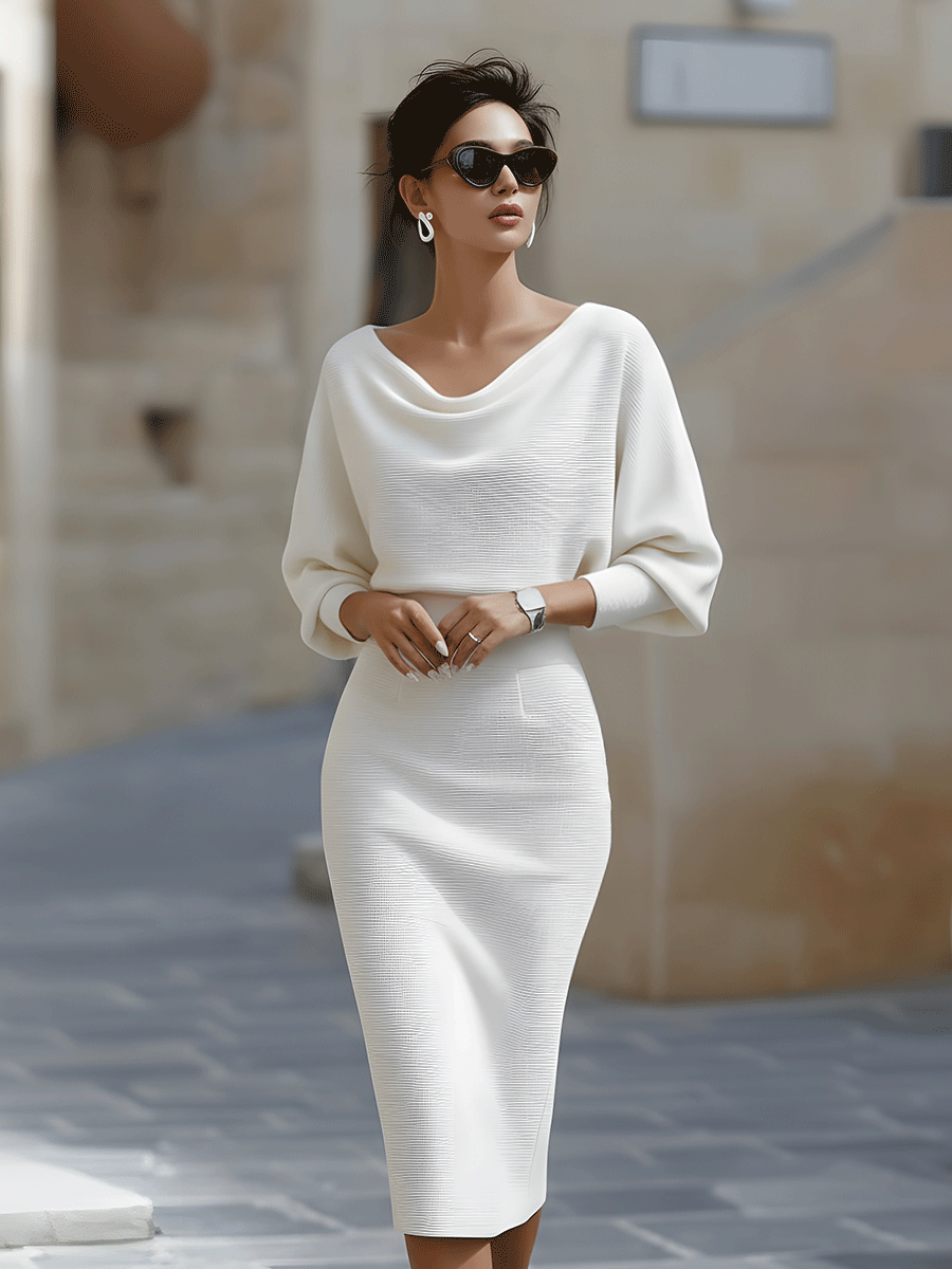 Women's Round Neck Midi Dress with Batwing Sleeves & Back Zip — Kira