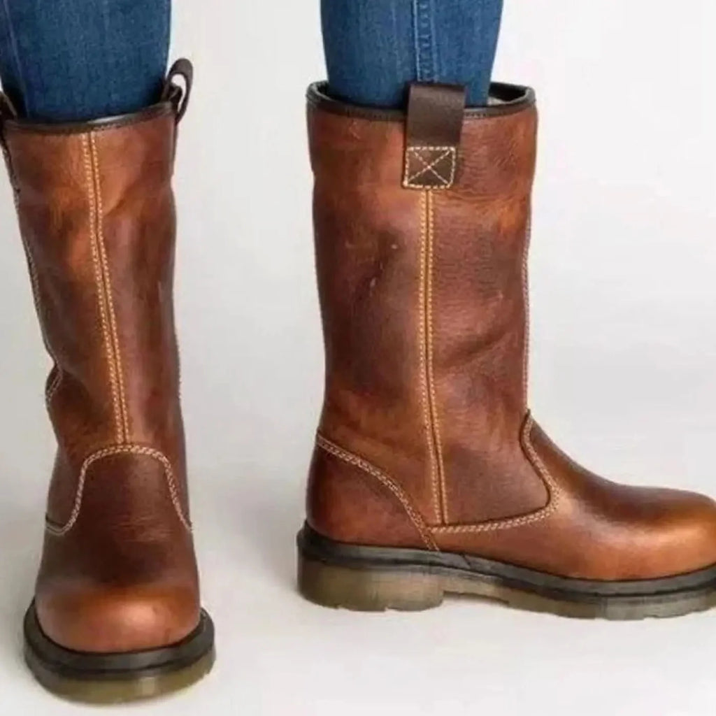 Brown Women's Leather Winter Boots with Fleece-Lined Cuff & Slip-On Fit - Back Detail