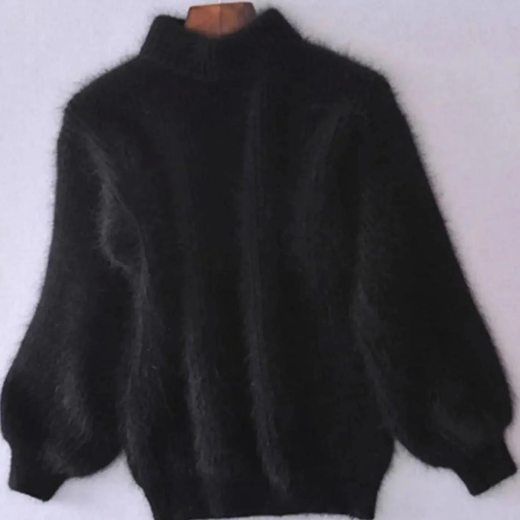 Black Women's Turtleneck Sweater with Fluffy Knit & Balloon Sleeves