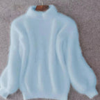 Blue Women's Turtleneck Sweater with Fluffy Knit & Balloon Sleeves