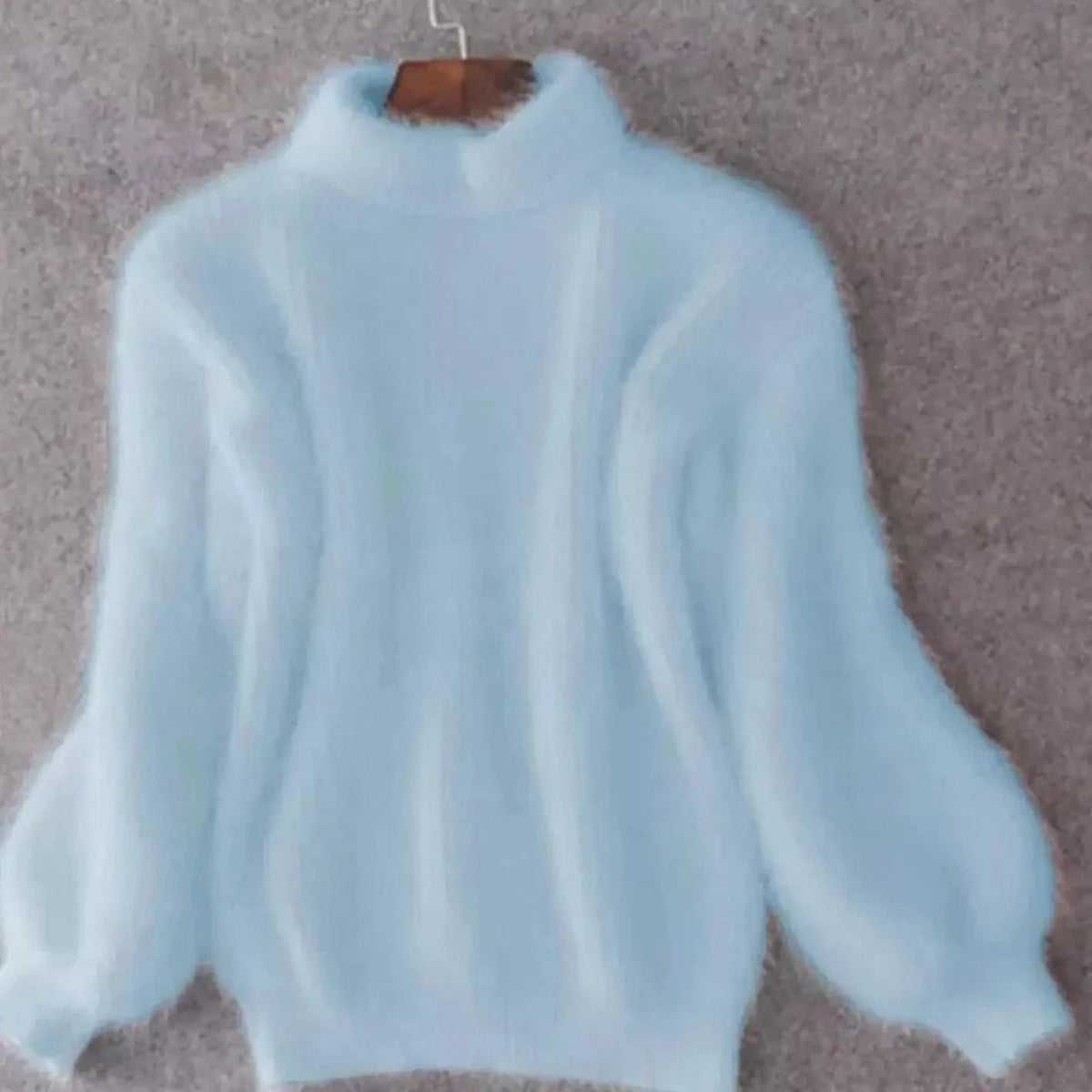 Blue Women's Turtleneck Sweater with Fluffy Knit & Balloon Sleeves