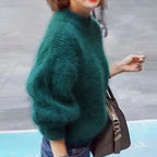 Green Women's Turtleneck Sweater with Fluffy Knit & Balloon Sleeves