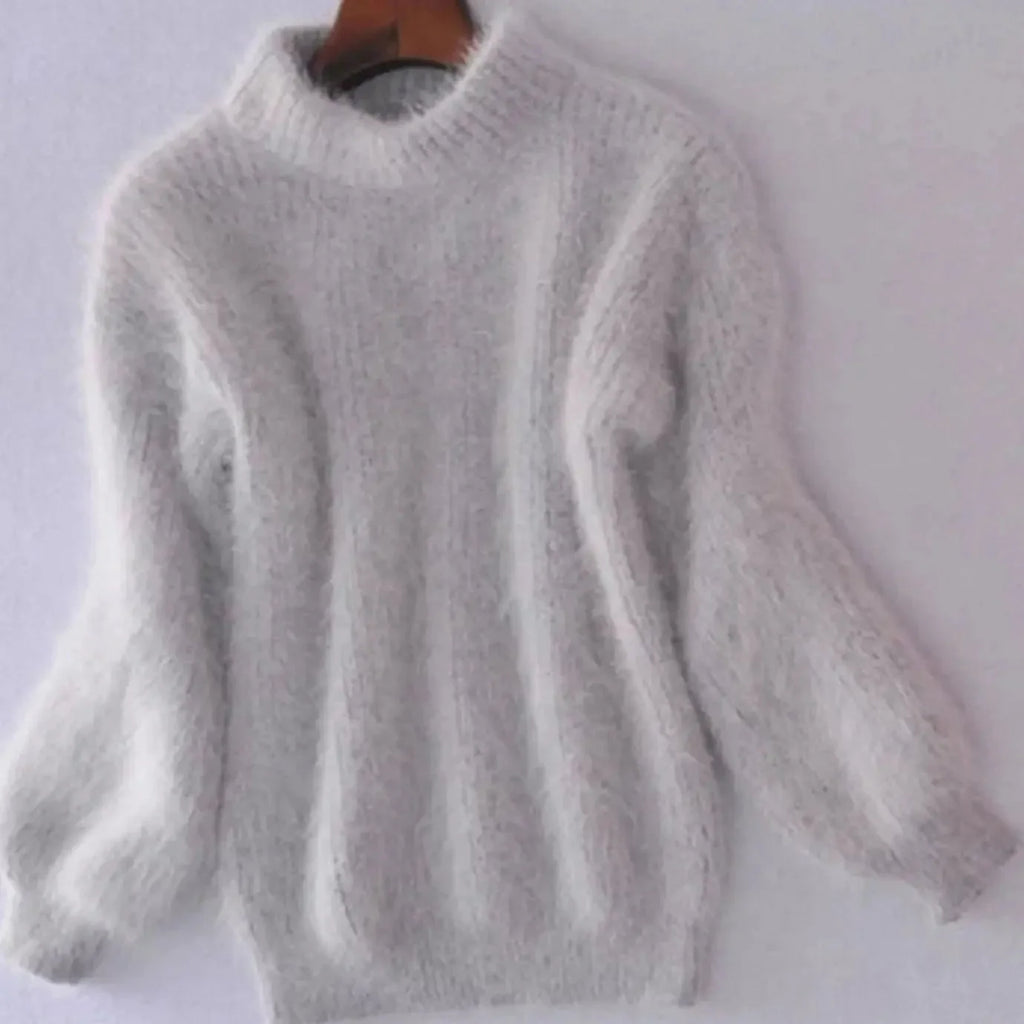 Grey Women's Turtleneck Sweater with Fluffy Knit & Balloon Sleeves