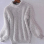 Grey Women's Turtleneck Sweater with Fluffy Knit & Balloon Sleeves