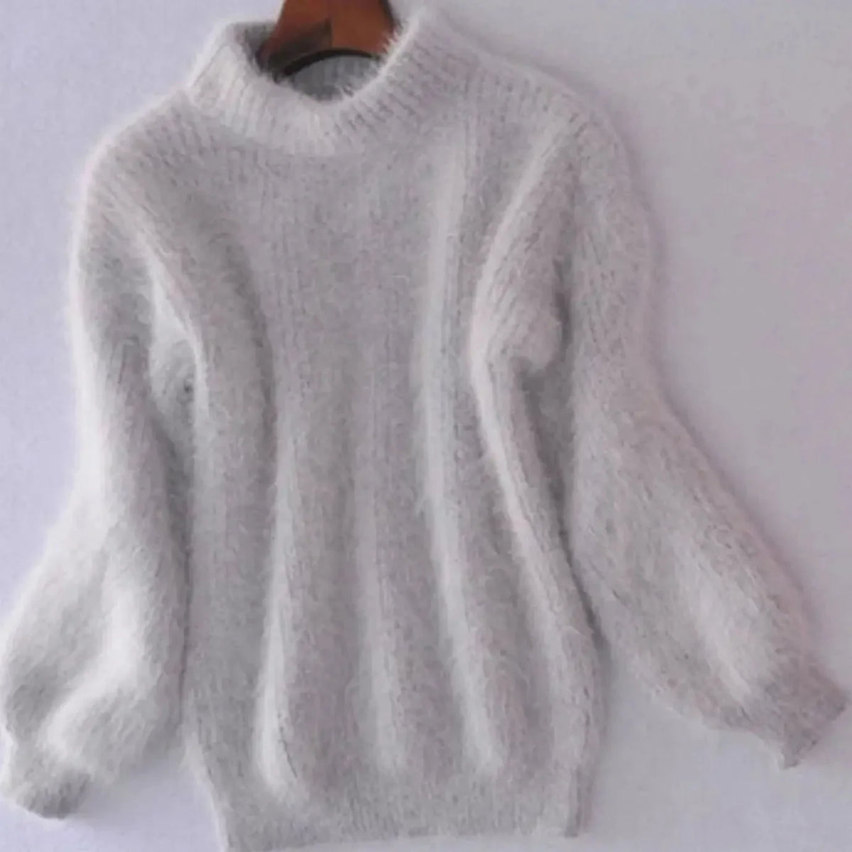 Grey Women's Turtleneck Sweater with Fluffy Knit & Balloon Sleeves