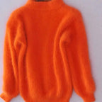 Orange Women's Turtleneck Sweater with Fluffy Knit & Balloon Sleeves
