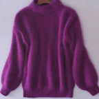 Purple Women's Turtleneck Sweater with Fluffy Knit & Balloon Sleeves