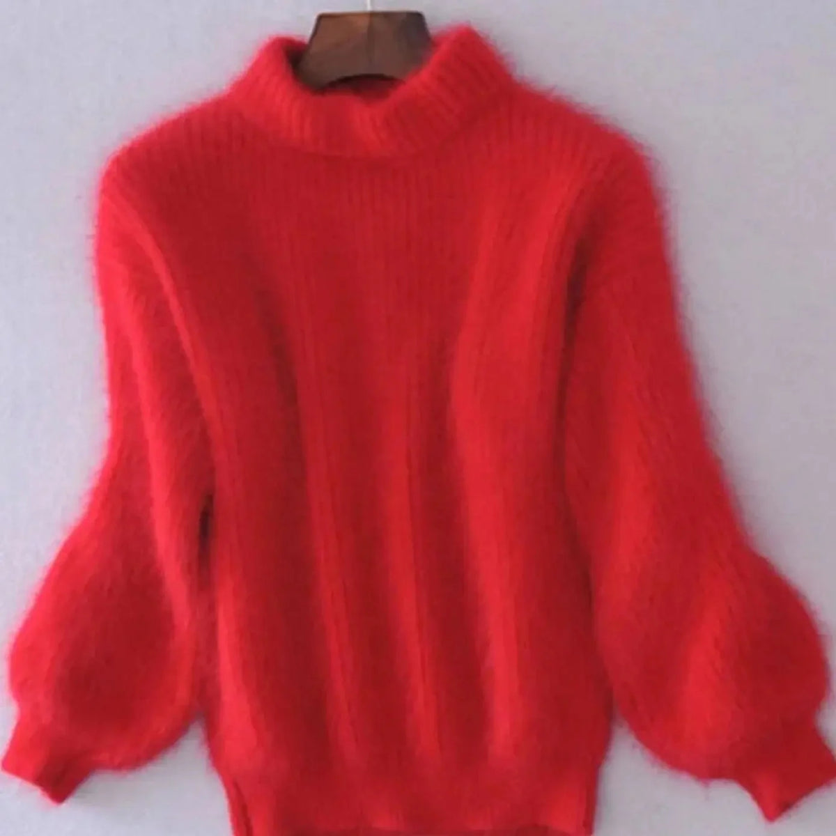 Red Women's Turtleneck Sweater with Fluffy Knit & Balloon Sleeves