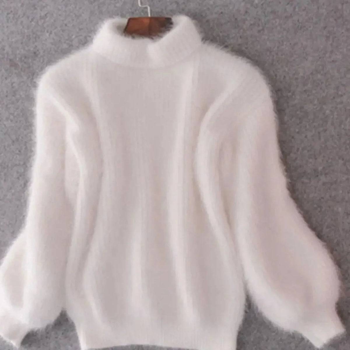 White Women's Turtleneck Sweater with Fluffy Knit & Balloon Sleeves
