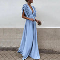 Women's Flutter Sleeve Flowy Maxi Dress — Delaney Deep V-Neck Ruffle
