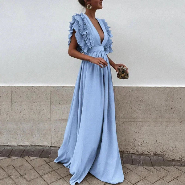 Women's Flutter Sleeve Flowy Maxi Dress — Delaney Deep V-Neck Ruffle