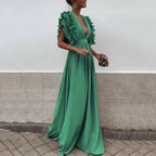 Green Women's Flutter Sleeve Flowy Maxi Dress — Delaney Deep V-Neck Ruffle - Side Pose
