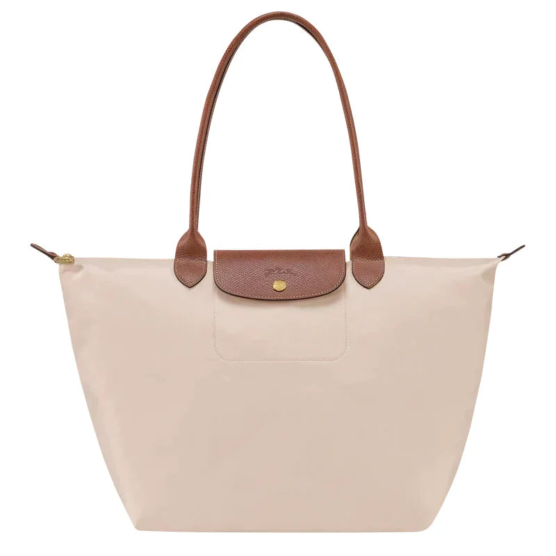 Women's Foldable Nylon Tote Bag with Leather Trim - Front Lifestyle