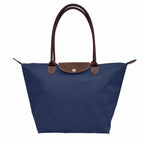Dark Blue Women's Foldable Nylon Tote Bag with Leather Trim - Front Standing