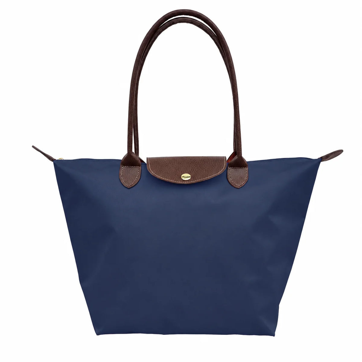 Dark Blue Women's Foldable Nylon Tote Bag with Leather Trim - Front Standing